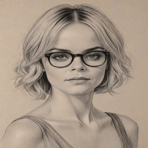 Lovely Taryn Manning, pencil sketch, portrait of Exquisite woman 1925s in glasses, hair style beatnik, outline, clear lines, fine lines, 8k
