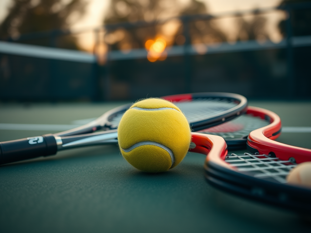 Generate a high-resolution image of a close-up shot of a tennis ball and rackets on a tennis court, with a shallow depth of field, taken with a Canon EOS R5 at f/2.8, 1/1000s shutter speed, ISO 100, natural lighting during golden hour for enhanced color vibrancy and detail.