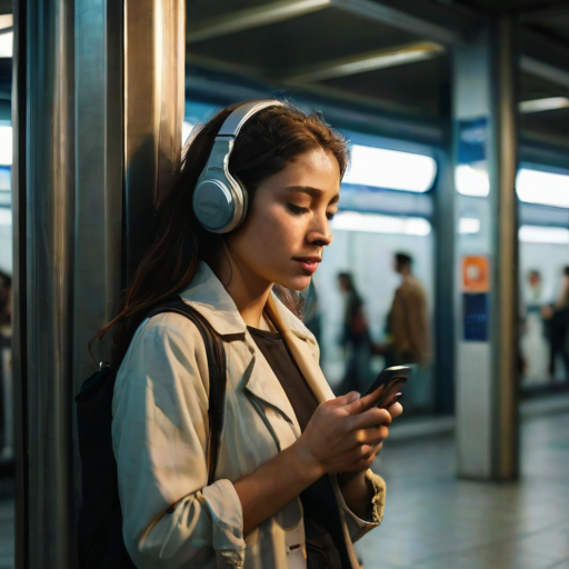 Bustling metro station during rush hour, a woman leans against a pillar, headphones in her ears, her face illuminated by the soft glow of her phone screen.