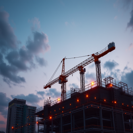 Create a high-resolution illustration of a construction crane on a building site, captured from a low-angle view at dusk to enhance details, using a DSLR camera with a 50mm lens, aperture f/1.8, ISO 200, and a shutter speed of 1/250s for sharpness and depth of field.