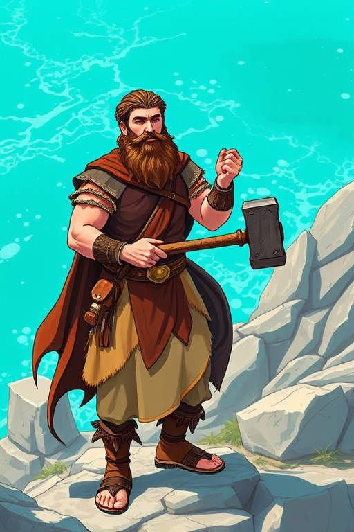 Create an illustration of a bearded man in ancient attire holding a hammer, standing on a rocky terrain with a vibrant turquoise background, shot with a DSLR camera at f/2.8 aperture, 50mm lens, ISO 100, high dynamic range for enhanced detail and clarity.