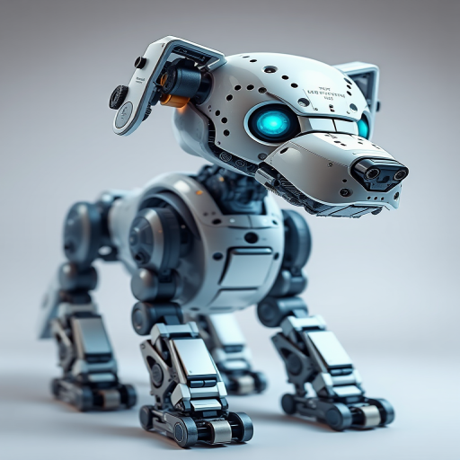 Create a highly detailed illustration of a robotic dog with intricate mechanical features, captured using a DSLR camera at f/8 aperture, ISO 100, 24mm lens, with a shallow depth of field to enhance focus on the robot while softening the background, in a clean studio lighting setup.