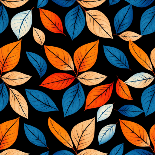 Generate a seamless repeating pattern of abstract leaves in blue, orange, and white on a black background using a macro lens, f/8 aperture, ISO 100, 50mm focal length, and soft diffused lighting to enhance detail and contrast.