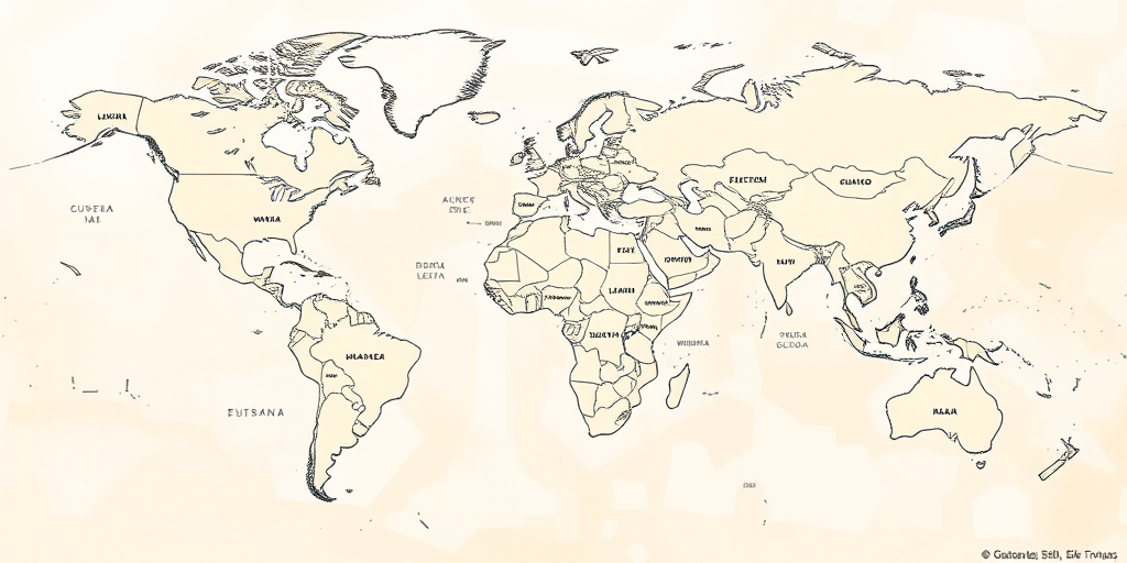 Create a high-quality world map with a light beige color scheme, displaying geographic boundaries and country labels, shot with a DSLR camera at 50mm, f/8 aperture, ISO 100, in a landscape view, using a soft focus style for a smooth gradient effect.