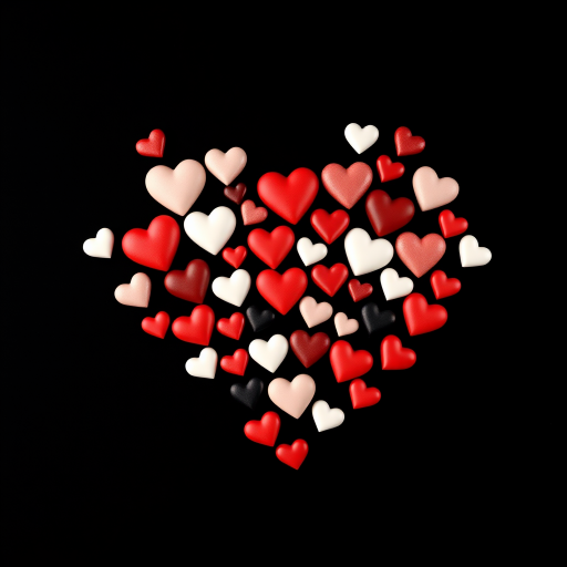 Create an image of a heart composed of various small hearts in red, white, and black on a solid black background, using a high-resolution digital camera, aperture f/2.8, shutter speed 1/200s, 50mm lens, and a shallow depth of field for enhanced detail and clarity.