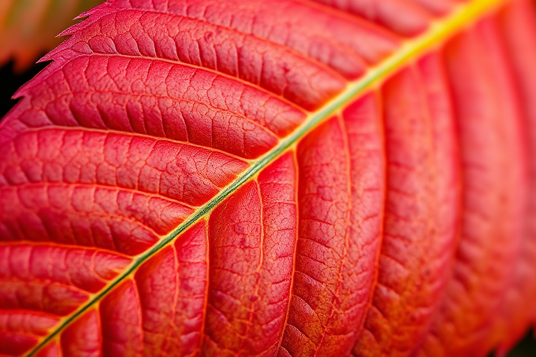 capture a close-up of a vibrant autumn leaf with rich red and green hues, using a macro lens at f/2.8, ISO 100, 1/200 sec, with soft diffused natural lighting, shot with a DSLR camera from a top-down perspective to emphasize texture and detail