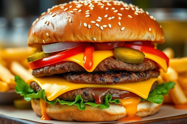 High-resolution, close-up image of a gourmet double cheeseburger. The burger features a glossy, sesame-seed-topped brioche bun. Inside, there are two thick, juicy beef patties, each topped with melted cheddar cheese. The burger is garnished with fresh lettuce, tomato slices, diced onions, and pickles. A generous amount of ketchup and a creamy, orange-colored sauce is dripping down the sides, adding to the mouth-watering appeal. In the background, there are blurred elements including a side of golden French fries and a hint of a beverage, enhancing the overall presentation of a delicious meal.