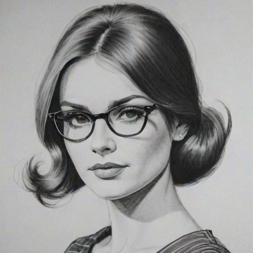 Graceful Virginia Roberts, pencil sketch, portrait of Ravishing woman 1966s in glasses, hair style beatnik, outline, clear lines, fine lines, 8k