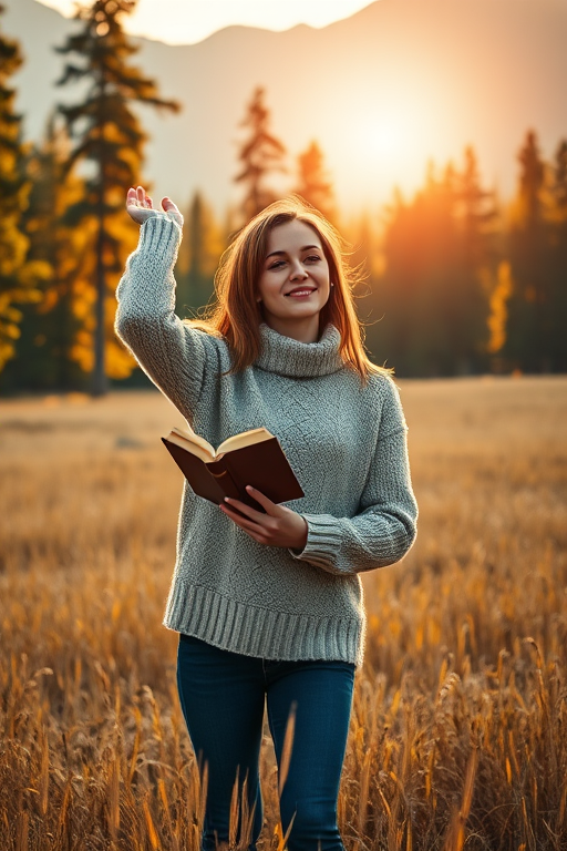 A young woman in a cozy sweater stands in a golden field surrounded by tall trees and mountains, reaching toward the sunlight with a book in her hand, photographed with a Canon EOS R5, 50mm f/1.2 lens, aperture f/2, ISO 100, using soft golden hour lighting for a warm atmosphere.