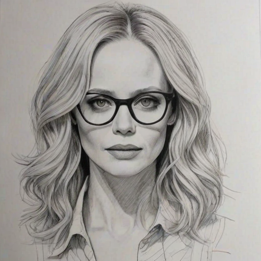 Wonderful Marley Shelton, pencil sketch, portrait of Gorgeous woman 1973s in glasses, hair style beatnik, outline, clear lines, fine lines, 8k