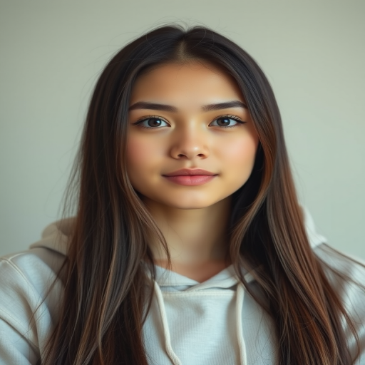 portrait of a young woman with long hair wearing a light hoodie, soft lighting, neutral background, 50mm lens, f/2.8, ISO 100, 1/125s, shallow depth of field, natural light photography
