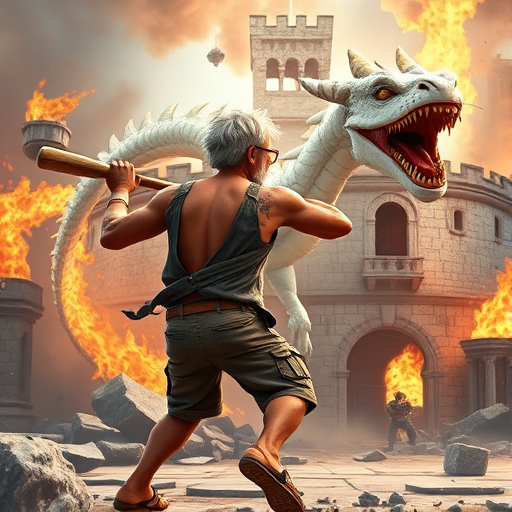 Cartoon 3D High-Resolution,dynamic battle scene using Unreal Engine 5 and Octane Render. The scene features back of an elderly, thai man with a beard,messy hair and round golden-rimmed glasses. He is wearing a tattered tank top with soot marks, shorts, and sandals. sweating. he wields a baseball bat. He jump to fight with a white fire-breathing Europe dragon amidst a partially destroyed stone castle. Include intense flames, smoke, and debris to enhance the dramatic effect.