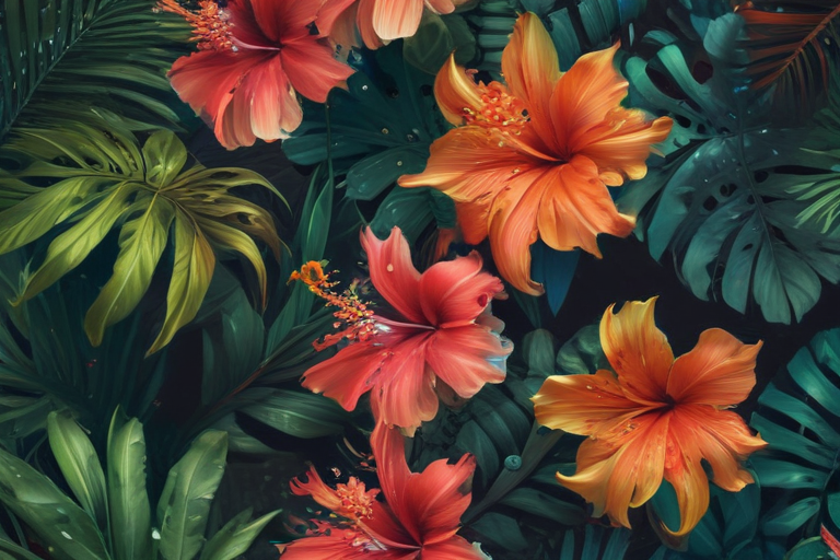 Vibrant Tropical Hibiscus Flowers Surrounded by Lush Green Foliage ...