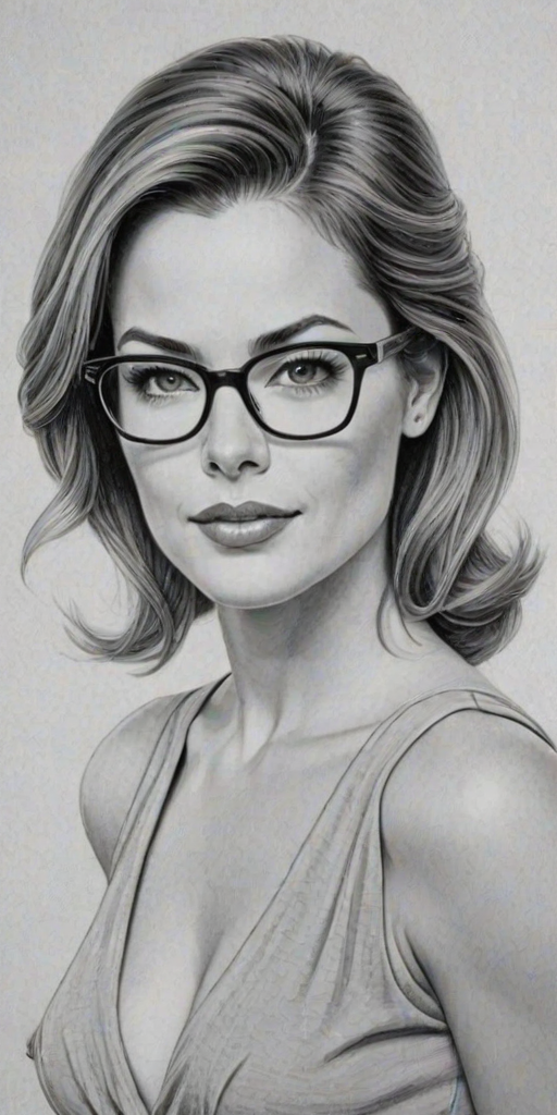 Elegant Erica Durance, pencil sketch, portrait of Stunning woman 1957s in glasses, hair style beatnik, outline, clear lines, fine lines, 8k