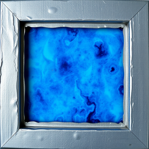 Create an abstract image with a vibrant blue background framed with a textured silver border, captured with a DSLR camera at f/8 aperture, 1/125 shutter speed, ISO 200, with a wide-angle lens and a high resolution for optimal clarity.