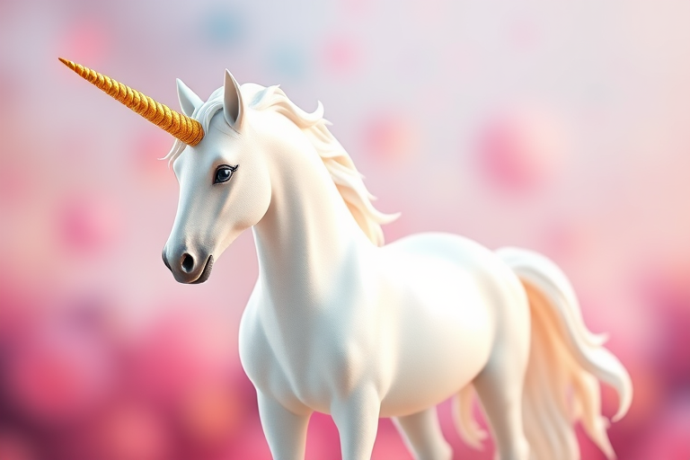 Create a high-resolution 3D rendering of a majestic white unicorn with a shimmering golden horn, standing gracefully on a vibrant background, using a DSLR camera with an aperture of f/1.8, ISO 100, a focal length of 85mm, and a shallow depth of field to enhance the subject's details and blur the background, captured from a slightly low angle for a dramatic effect.