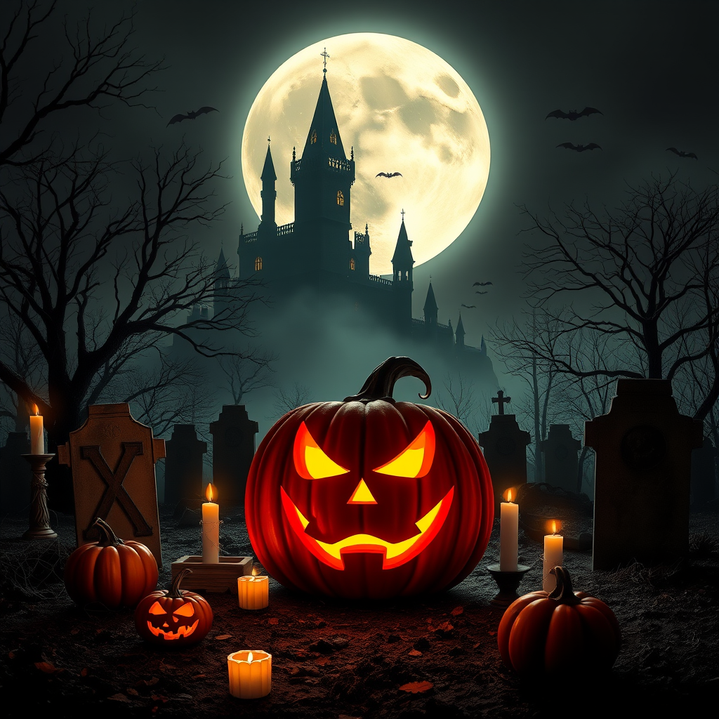 Create a spooky Halloween scene featuring a large glowing jack-o-lantern with a menacing face in the foreground surrounded by smaller pumpkins candles and cobwebs in a dark eerie graveyard with a full moon shining brightly in the night sky and a haunted castle in the background silhouetted against the moon with bats flying around spooky trees and a misty atmosphere