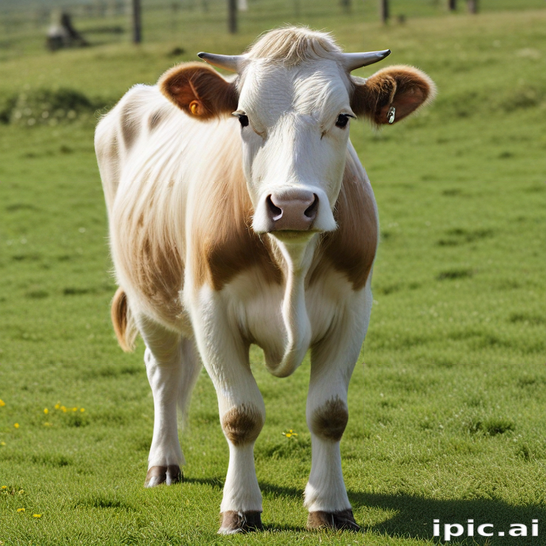 A Curious Brown and White Cow Grazing in a Green Pasture