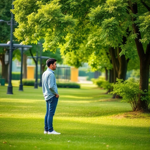 Generate an image of a person standing in a serene park setting with lush greenery, using a DSLR camera at aperture f/1.8, shutter speed 1/200s, ISO 100, with a shallow depth of field and composed at eye level for a natural perspective.