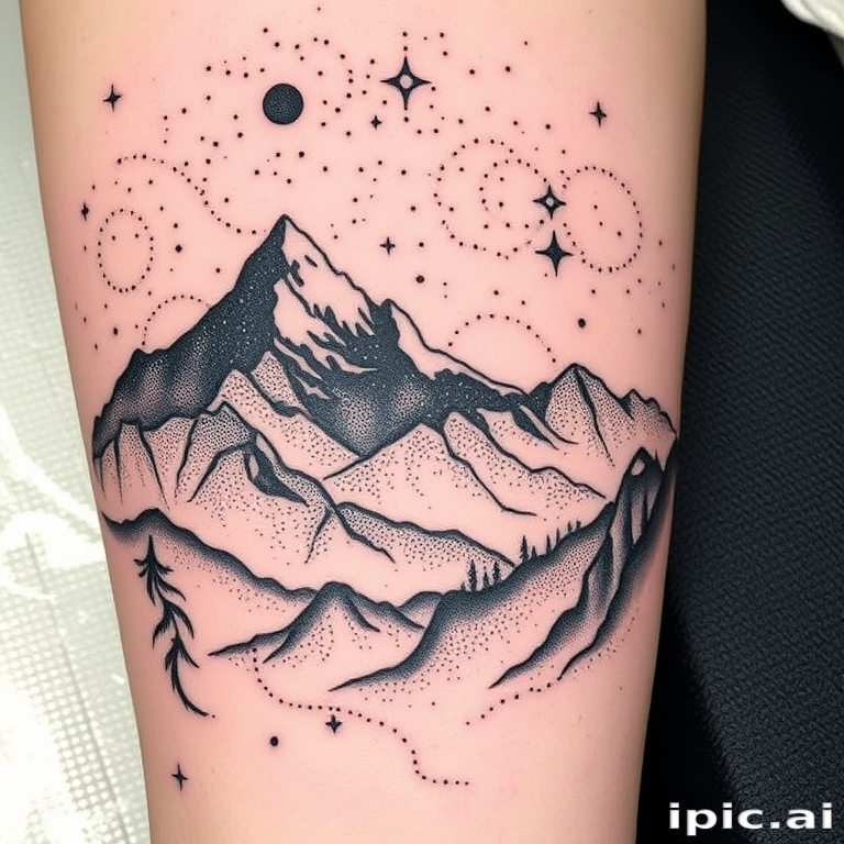 Dotwork landscape tattoo called "Celestial Terrain" using thousands of tiny dots to create a dreamy mountainscape merging with a starry night sky and cosmic elements