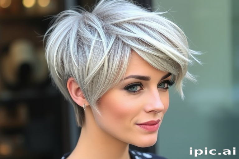 Chic silver-gray pixie with textured layers, styled in a tousled manner to create movement and dimension, exuding confidence and sophistication
