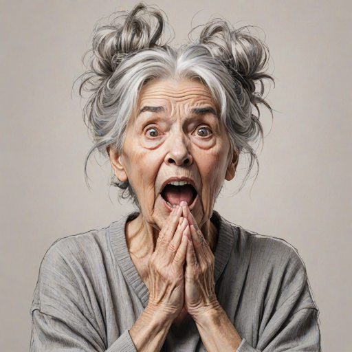 scribbly unfinished sketch, old lady with messy gray hair in a loose bun, surprised expression, mouth open, hands clasped together in front of her chest. Her eyes are wide, eyebrows are furrowed. vibe of shock or surprise.