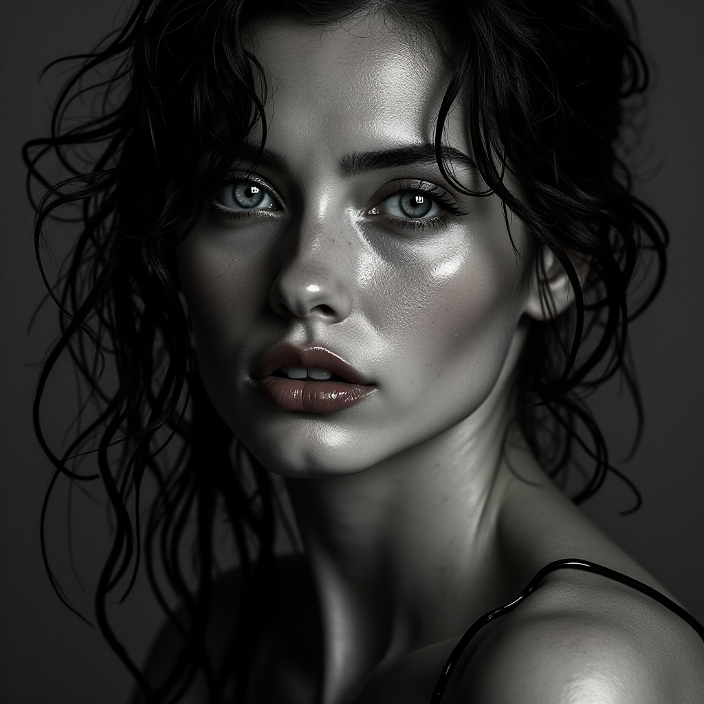 a striking portrait in the style of black-and-white photography, dramatic high-contrast lighting eloquently tracing the intricate details of hand-drawn pen strokes, a beautiful Nordic woman tousled hair and shining, focus on blue eyes and red lips, radiating with intensity portrait that highlights her dark , wet, . The monochromatic statement features her pale skin colored by tiny beads of sweat and water droplets, showcasing a hyper-detailed composition that focuses entirely on her unforgettable face. The stylized composition basks in atmosphere and mystery, created by the powerful, piercing gaze of the water-driven Nordic woman as she commands an intense and mesmerizing aura within the limited frame. Composed to evoke a sense of nostalgic wonder, this portrait perfectly captures the essence of a bygone era.