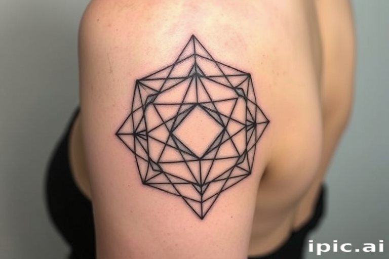 Minimalist blackwork tattoo called "Geometric Harmony" showcasing precise thin lines forming intricate overlapping shapes and sacred geometry patterns creating a striking contrast against the skin