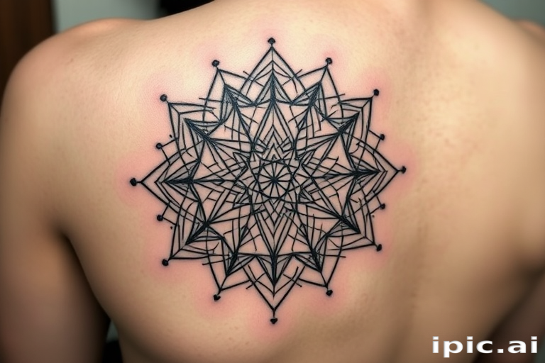 Intricate blackwork geometric tattoo called "Sacred Symmetry" showcasing a complex arrangement of precise lines, dots, and shapes forming a mandala-like design with hidden sacred geometry symbols embedded within, utilizing negative space to create depth and dimension, ideal for individuals drawn to minimalist yet powerful tattoo styles that convey balance and harmony