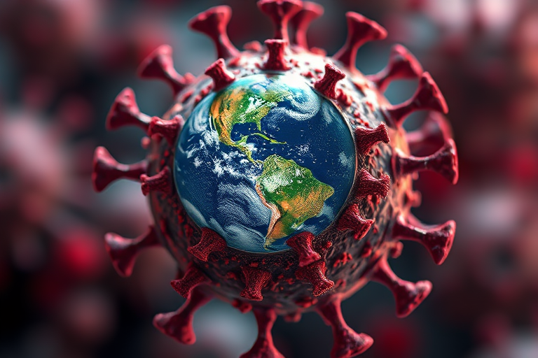 Create a hyper-realistic 3D rendering of a virus with the Earth at its core, using a Canon EOS R5 camera with a 50mm lens, f/1.8 aperture, ISO 100, shot from a macro perspective with soft lighting to enhance details and textures.