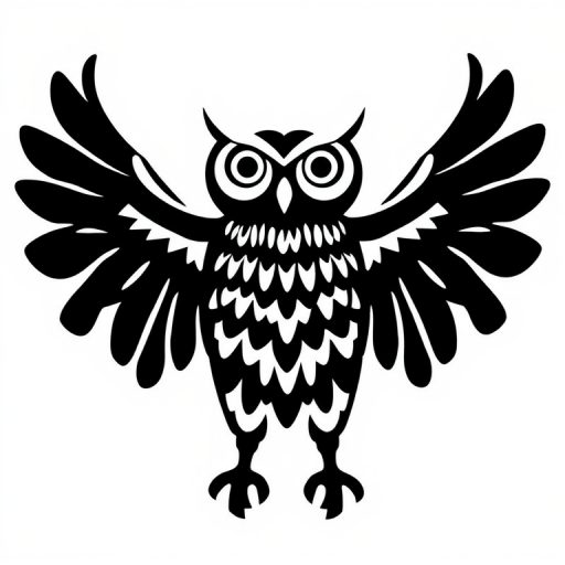 Generate a high-resolution image of a stylized black owl on a minimalistic white background, captured with a 50mm lens at f/1.8, ISO 100, using a DSLR camera in portrait orientation.