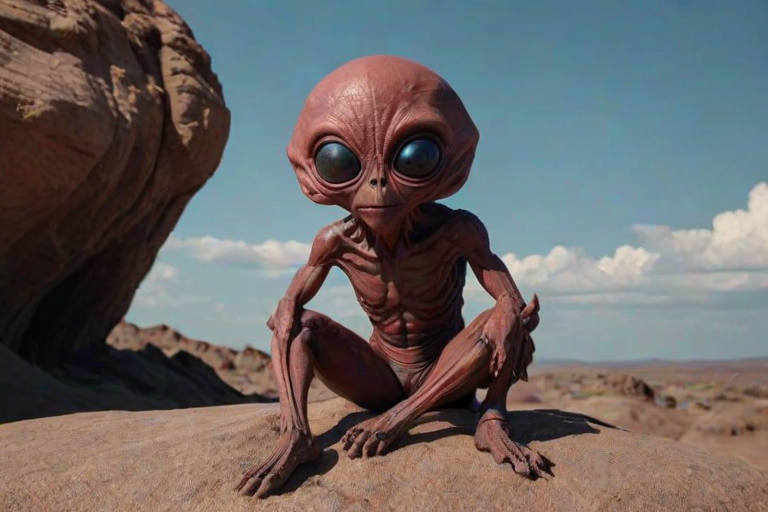 alien sitting on rock, red skin, black eyes, black sclera, big head, big eyes, short, sand, rock, sky, red colors, depth of field, highly detailed, cinematic lighting, aesthetic