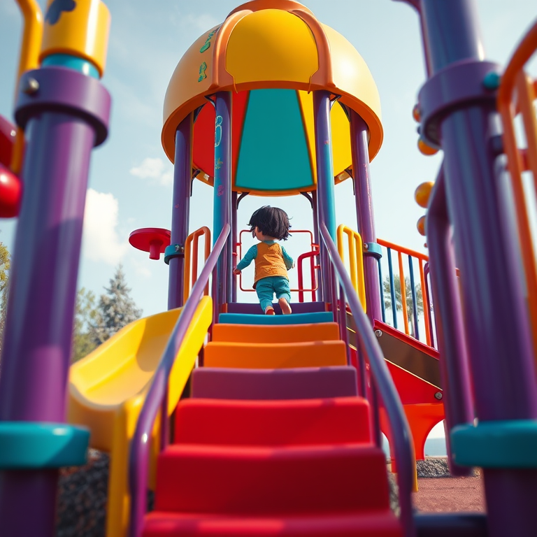 Create a high-resolution 3D rendering of a colorful playground structure with a character climbing the stairs, using a Canon EOS R5 camera, 35mm lens, f/4 aperture, ISO 100, with a low angle view and soft lighting to enhance details and colors.