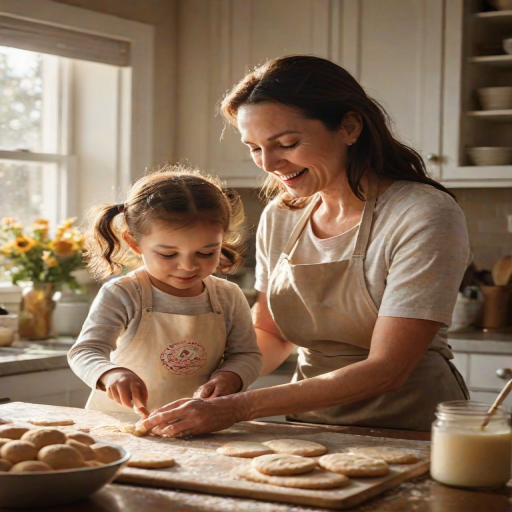 Warm, softly lit image of a mother and child baking cookies together in a cozy kitchen, flour dusting the countertops, the smell of vanilla filling the air, sunlight streaming through the window, the child's face lit up with joy as they mix the dough.