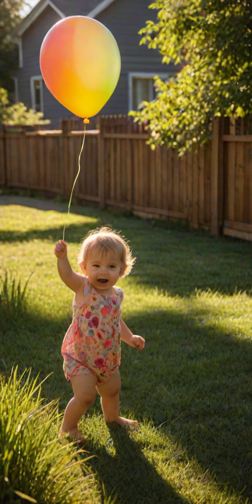 Warm, softly lit image of a toddler playing with a colorful balloon in a sunlit backyard, tall grass swaying in the breeze, with a distant wooden fence casting long shadows.
