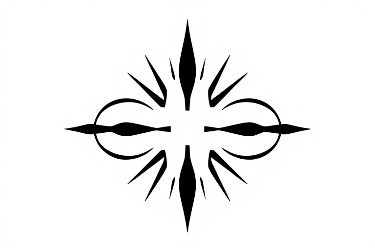 Create a high-resolution image of a stylized symmetrical logo featuring three circular shapes with elegant curves and sharp points radiating outward, shot with a DSLR camera at f/2.8 aperture, ISO 100, 50mm focal length, from a slightly elevated angle to enhance depth, using a softbox for even lighting.