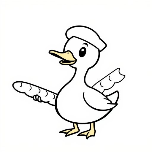 Draw a cartoon duck wearing a beret holding a baguette in its wing with a simple black outline style on a white background.