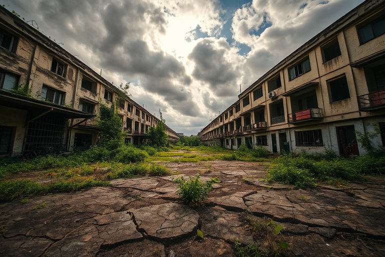 abandoned urban landscape, overgrown buildings with cracked concrete, dramatic overcast sky, soft sunlight filtering through clouds, HDR photography, wide-angle lens, f/8 aperture, ISO 200, 1/125 sec shutter speed, high-resolution digital camera
