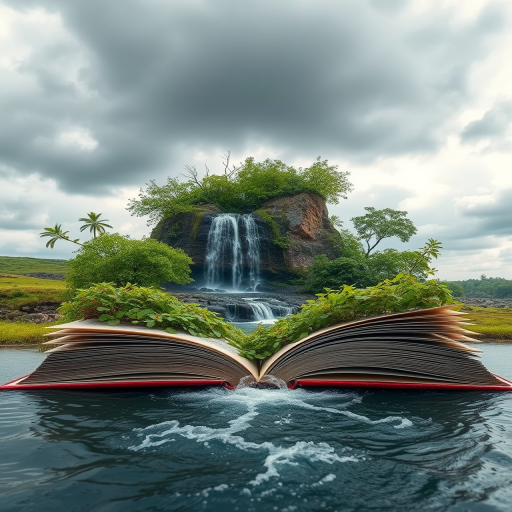 Create a surreal landscape featuring an open book with a flowing waterfall and lush greenery emerging from its pages, set against a cloudy sky, captured with a Canon EOS R5, 24mm lens, f/8 aperture, 1/125 sec shutter speed, ISO 100, wide-angle view, and soft lighting.