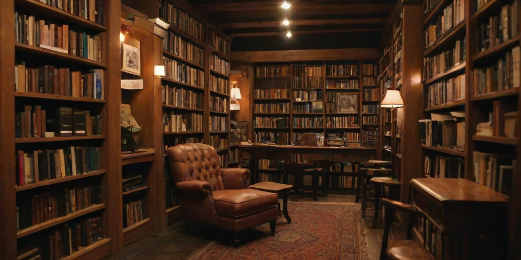 Charming old bookstore, with wooden shelves filled with books, a cozy reading corner with plush chairs, and soft lighting creating an inviting atmosphere for book lovers.