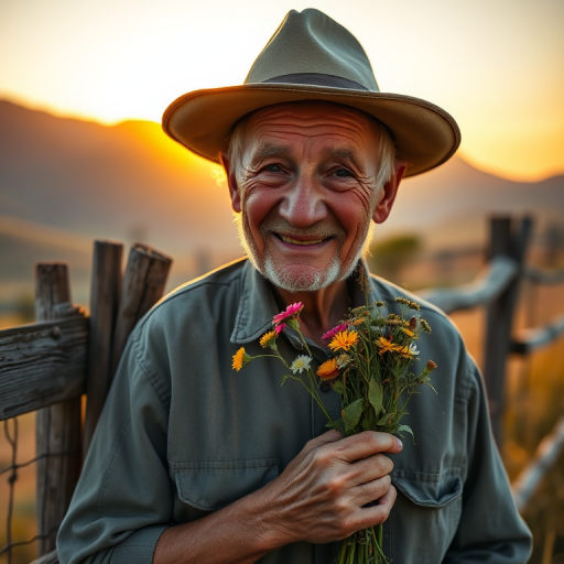 High-resolution image, late afternoon light, an elderly man with a worn hat and wrinkled face, standing by an old wooden fence, holding a bouquet of wildflowers, sun setting in the background, golden light casting long shadows, mountains in the distance, soft focus on the flowers in his hand, gentle smile on his face.