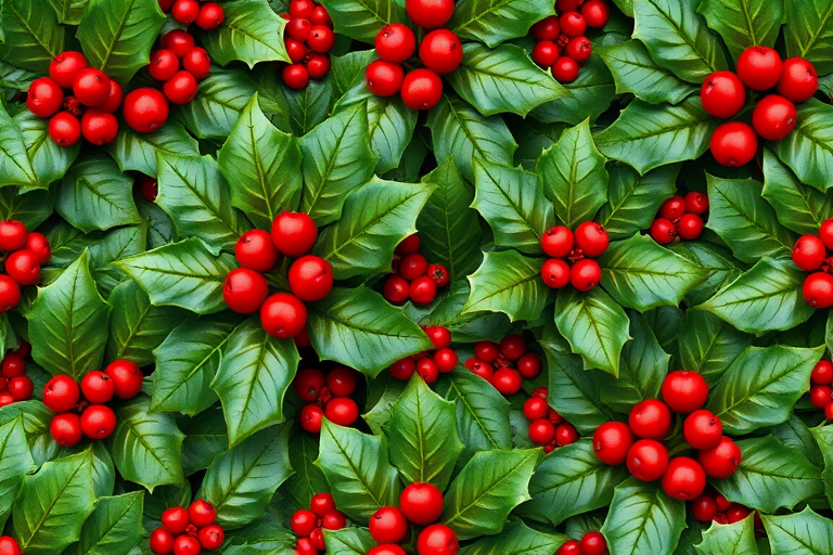 generate a seamless pattern of holly leaves and berries with vibrant green and red colors, camera settings: f/8, ISO 100, 1/125s, camera view: top-down view, camera style: macro photography, camera type: digital SLR