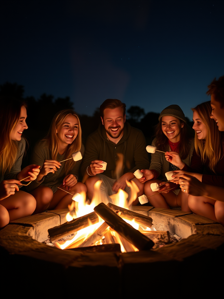 Warmly lit photo of a group of friends roasting marshmallows over a fire pit at night, soft glow from the flames reflecting off their faces, distant stars twinkling in the sky, the sound of laughter and crackling wood filling the air.