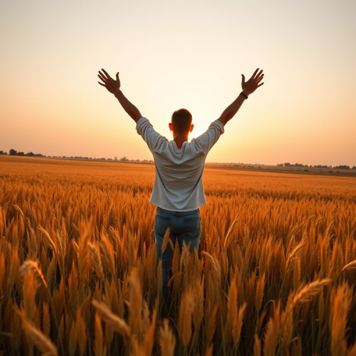 regenerate an image of a person standing in a golden field at sunset with arms raised, camera settings: ISO 100, aperture f/5.6, shutter speed 1/250s, wide angle view, landscape photography style, DSLR camera type