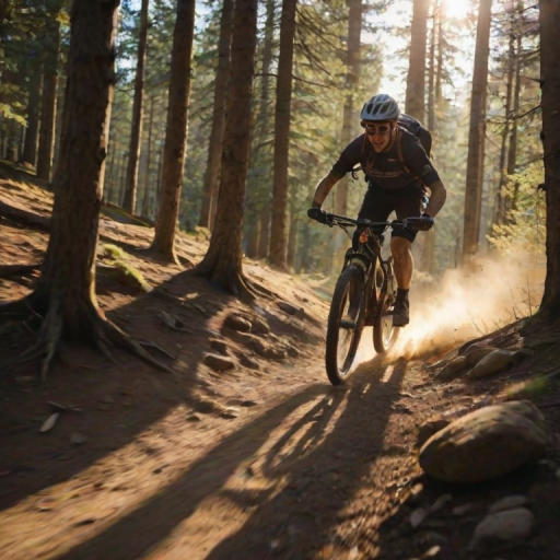Blurry action shot of a mountain biker speeding down a rocky trail at dawn, soft golden light from the rising sun casting long shadows on the ground, with trees softly swaying in the wind.