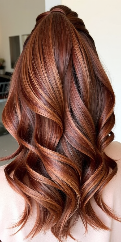 Rich mahogany locks styled in a sleek, high ponytail with a wrapped base, called "Cinnamon Spice," showcasing a glossy finish and subtle caramel lowlights throughout
