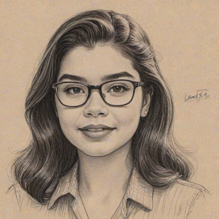 Fascinating Auli'i Cravalho, pencil sketch, portrait of Resplendent woman 1941s in glasses, hair style beatnik, outline, clear lines, fine lines, 8k