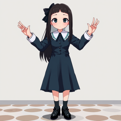 Digital art, full height portrait of Wednesday Addams, standing up with her hands in the air as if in a hold-up. Her dark, gothic attire replaces Alice’s classic blue dress, and she wears black shoes instead of blue. A small, neat black bow adorns her hair, capturing her signature style. The overall composition maintains a whimsical yet eerie tone, similar to Alice in Wonderland, while showcasing Wednesday’s iconic gothic charm.