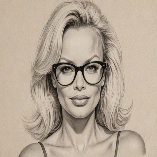 Magnificent Pamela Anderson, pencil sketch, portrait of Fetching woman 1951s in glasses, hair style beatnik, outline, clear lines, fine lines, 8k
