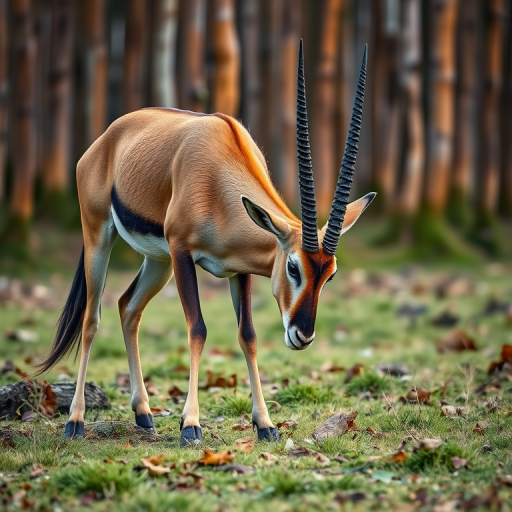 Regenerate an image of an oryx grazing in a natural setting with a blurred wooden background, using a DSLR camera with a 50mm lens, aperture f/2.8, ISO 200, shutter speed 1/500s, side view for enhanced detail and depth of field.
